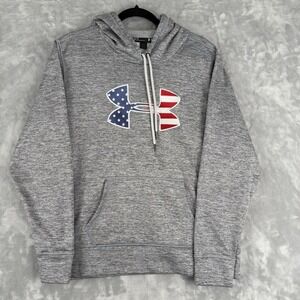 Under Armour American Flag USA Logo Hoodie Gray Loose Fit Womens Heathered Large